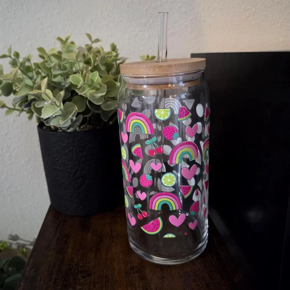 Summer Ritual Rainbow Fruit Iced Coffee Can Glass Tumbler 20oz, Glassware Bamboo